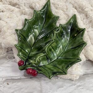 Vtg Ceramic Holly Leaf Berry Christmas Divided Candy Nut Dish Holiday Nostalgia